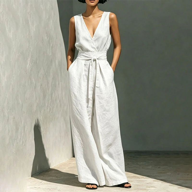 Women's Sleeveless Wrap Top and Wide-Leg Trousers Set