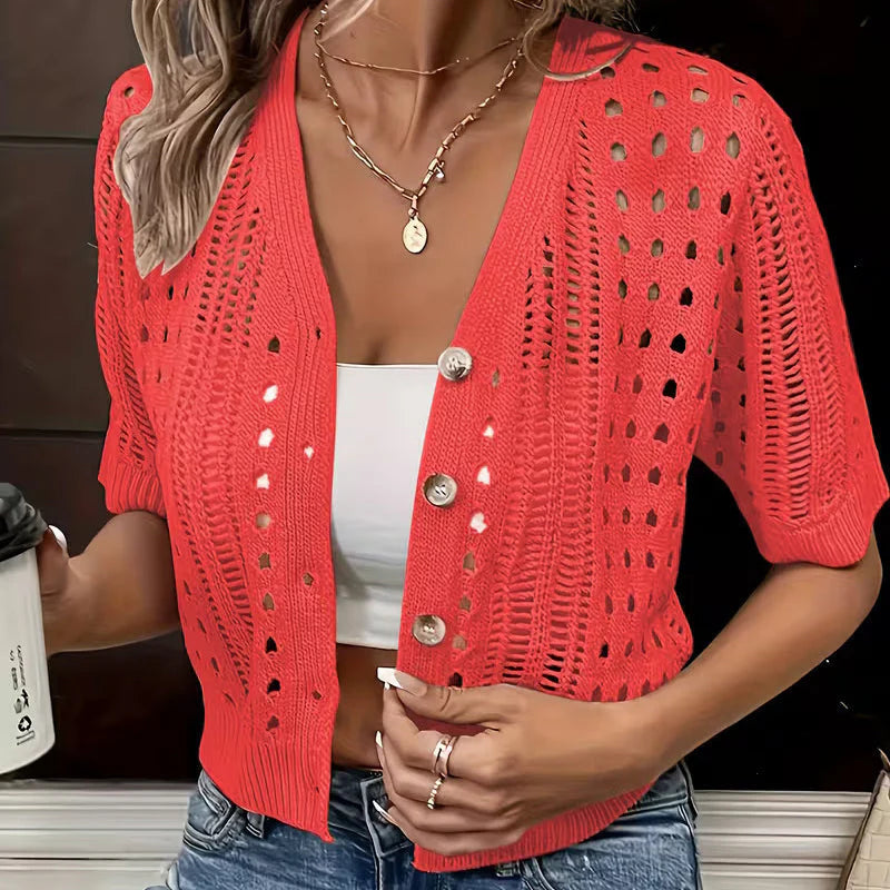 Women's Short Sleeve Open-Knit Cardigan
