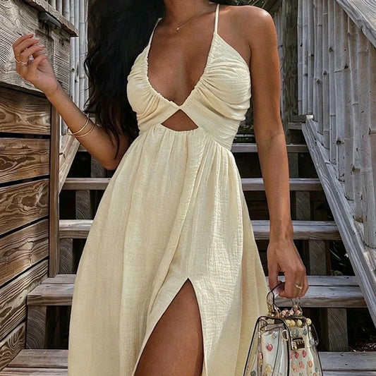 Women's Pink Halter Cut-Out Maxi Dress