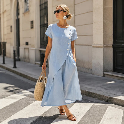 Women's Asymmetric Button Detail Midi Dress