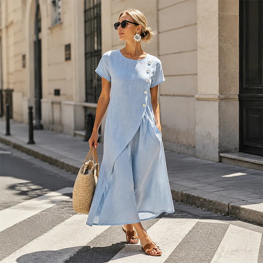 Women's Asymmetric Button Detail Midi Dress