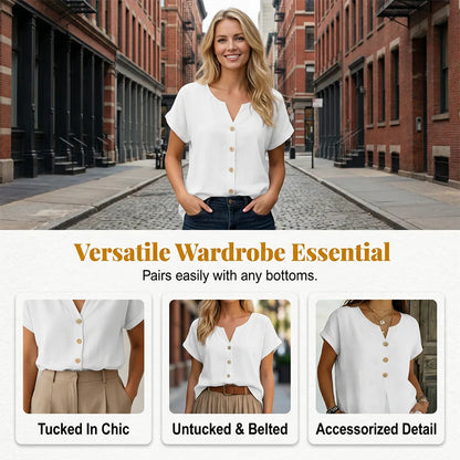 Women's V-Neck Button Detail Casual Top