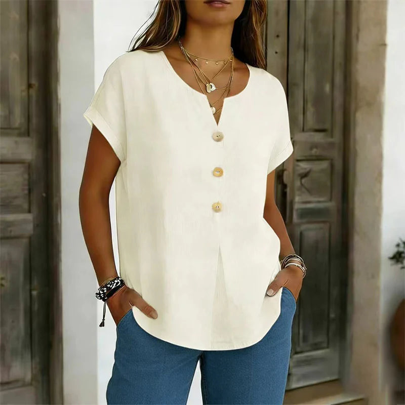 Women's V-Neck Button Detail Casual Top