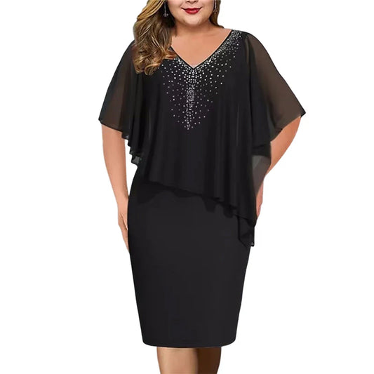 Women's Rhinestone Cape Overlay Midi Dress