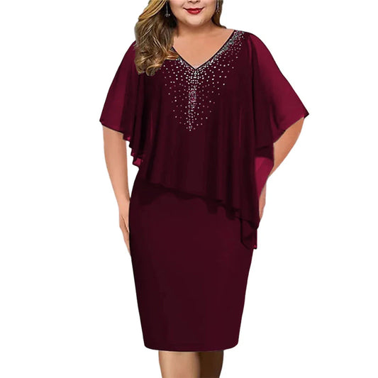 Women's Rhinestone Cape Overlay Midi Dress