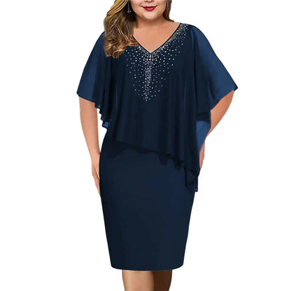 Women's Rhinestone Cape Overlay Midi Dress