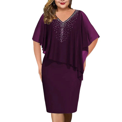 Women's Rhinestone Cape Overlay Midi Dress