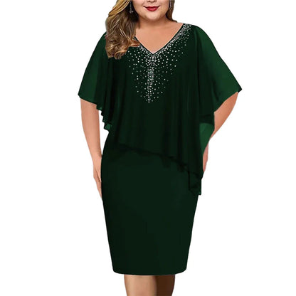 Women's Rhinestone Cape Overlay Midi Dress