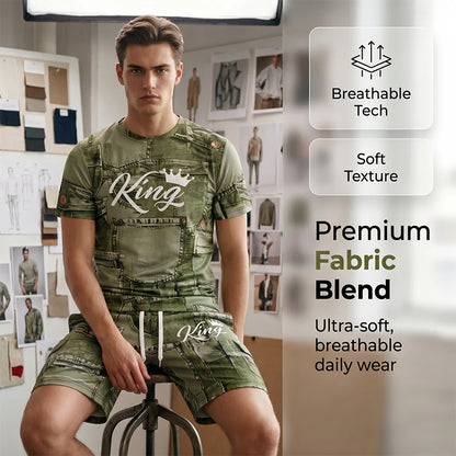 Men’s Faux Denim Print T-Shirt and Shorts Set