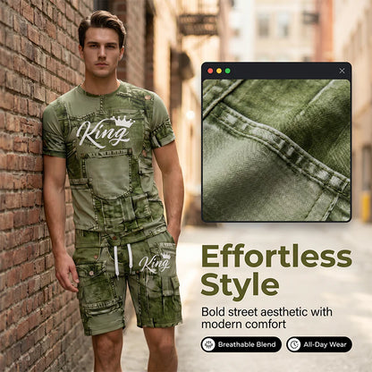 Men’s Faux Denim Print T-Shirt and Shorts Set