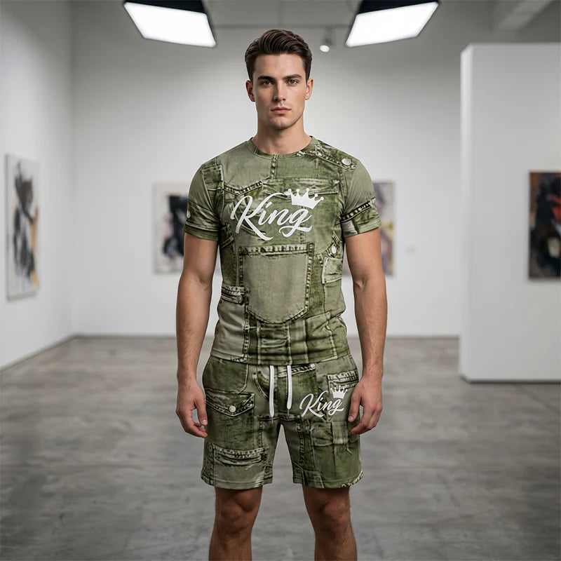 Men’s Faux Denim Print T-Shirt and Shorts Set
