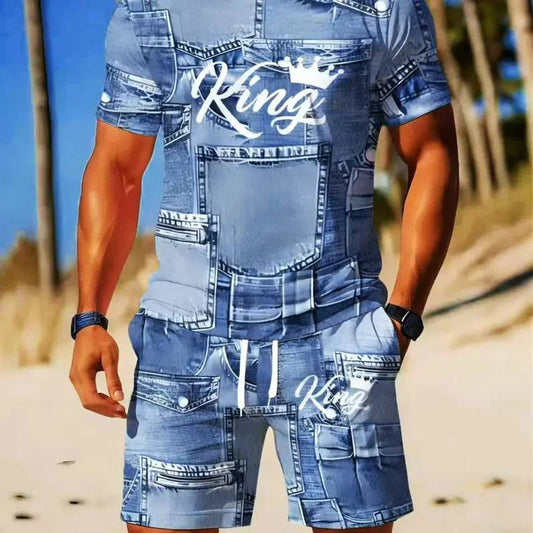 Men’s Faux Denim Print T-Shirt and Shorts Set