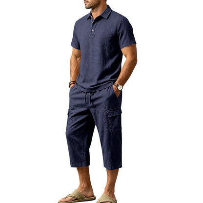 Men’s Textured Polo and Cargo Shorts Set