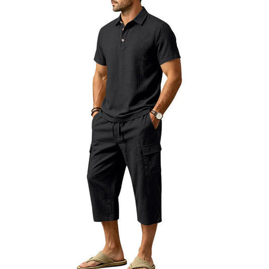 Men’s Textured Polo and Cargo Shorts Set