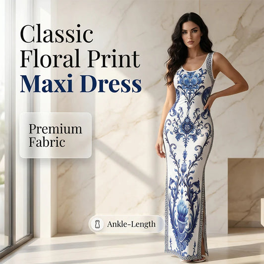 Women's Blue Porcelain Print Sleeveless Maxi Dress