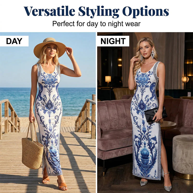 Women's Blue Porcelain Print Sleeveless Maxi Dress
