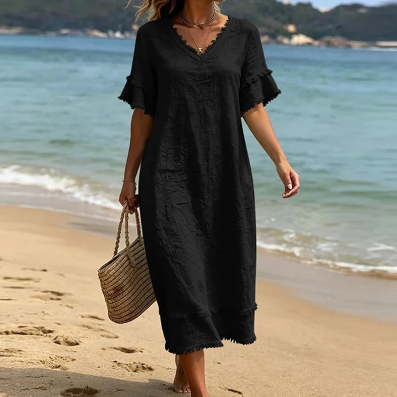 Women’s Fringed V-Neck Midi Dress