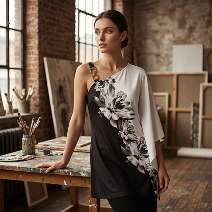 Women's One-Shoulder Floral Draped Dress