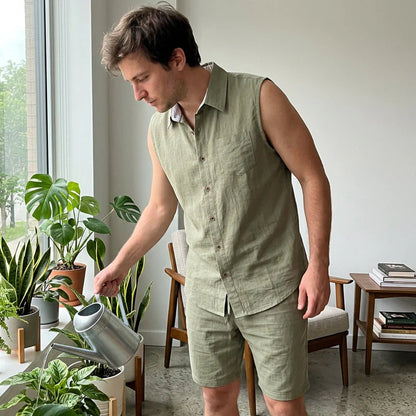 Men's Textured Sleeveless Shirt and Shorts Set