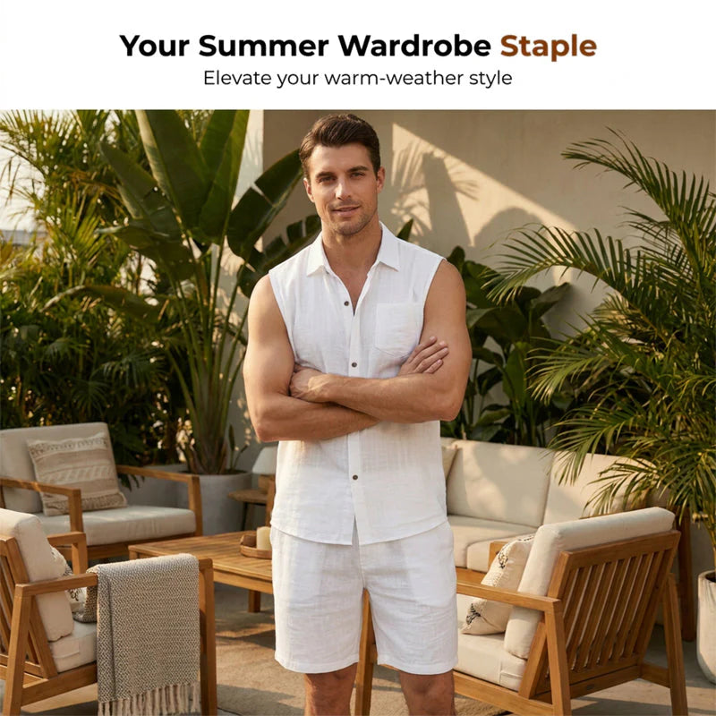 Men's Textured Sleeveless Shirt and Shorts Set