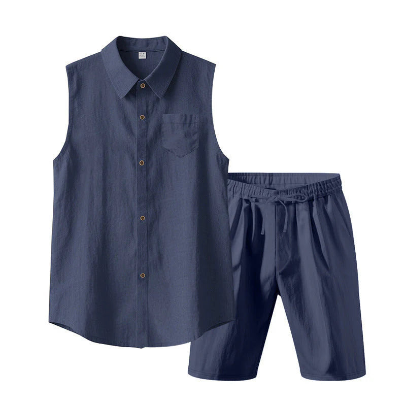Men's Textured Sleeveless Shirt and Shorts Set