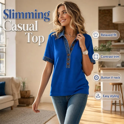 Women’s Denim-Trim Button V-Neck Top