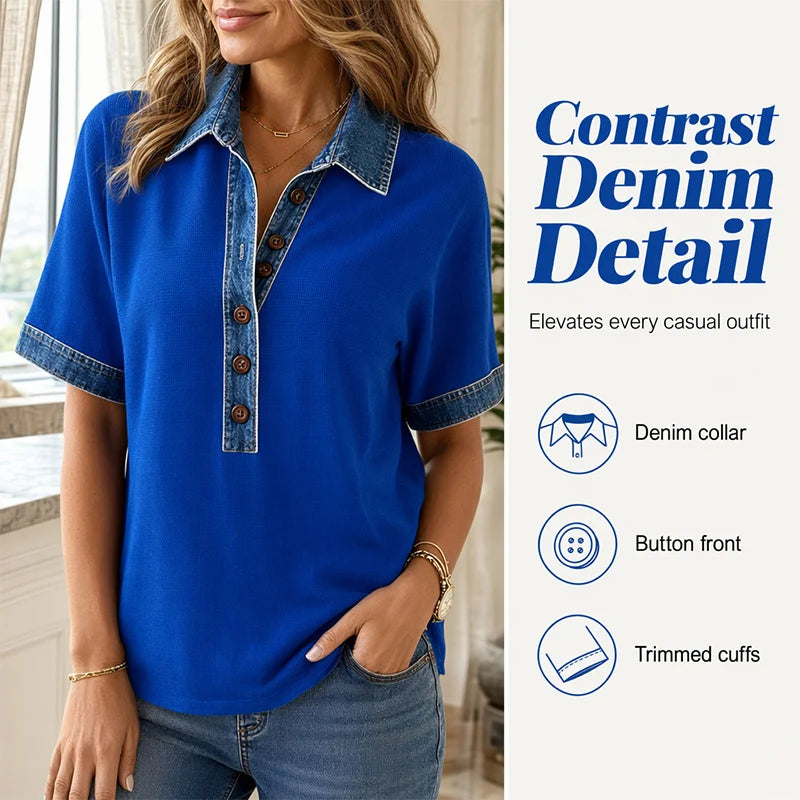Women’s Denim-Trim Button V-Neck Top