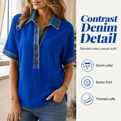 Women’s Denim-Trim Button V-Neck Top