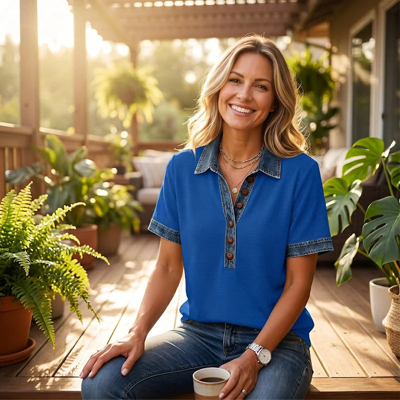 Women’s Denim-Trim Button V-Neck Top