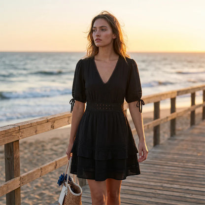 Women's Lace Trim Tiered V-Neck Dress