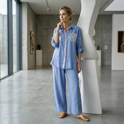Women's Sequin Trim Shirt and Wide-Leg Trouser Set