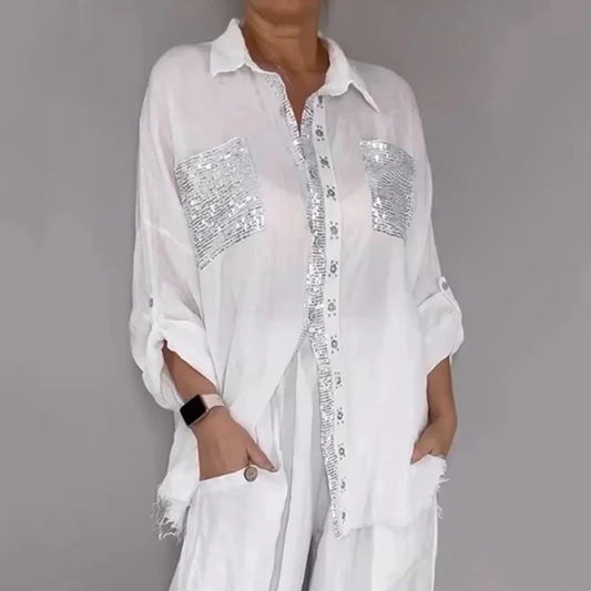 Women's Sequin Trim Shirt and Wide-Leg Trouser Set
