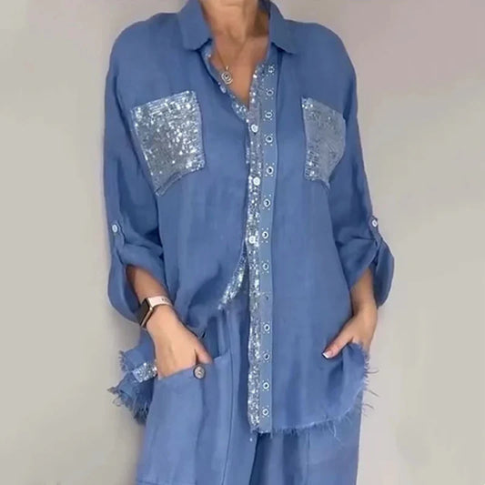Women's Sequin Trim Shirt and Wide-Leg Trouser Set
