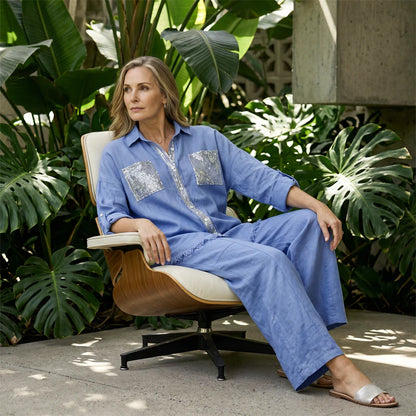 Women's Sequin Trim Shirt and Wide-Leg Trouser Set