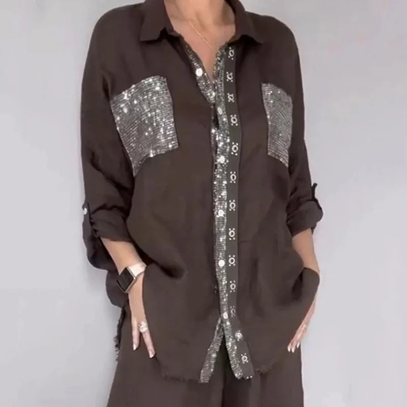 Women's Sequin Trim Shirt and Wide-Leg Trouser Set