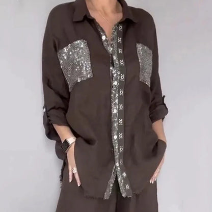 Women's Sequin Trim Shirt and Wide-Leg Trouser Set