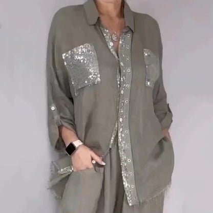 Women's Sequin Trim Shirt and Wide-Leg Trouser Set