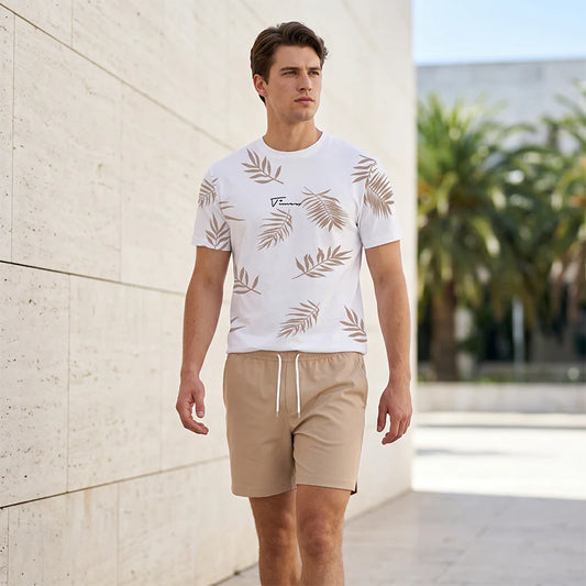 Men’s Leaf Print T-Shirt and Shorts Set