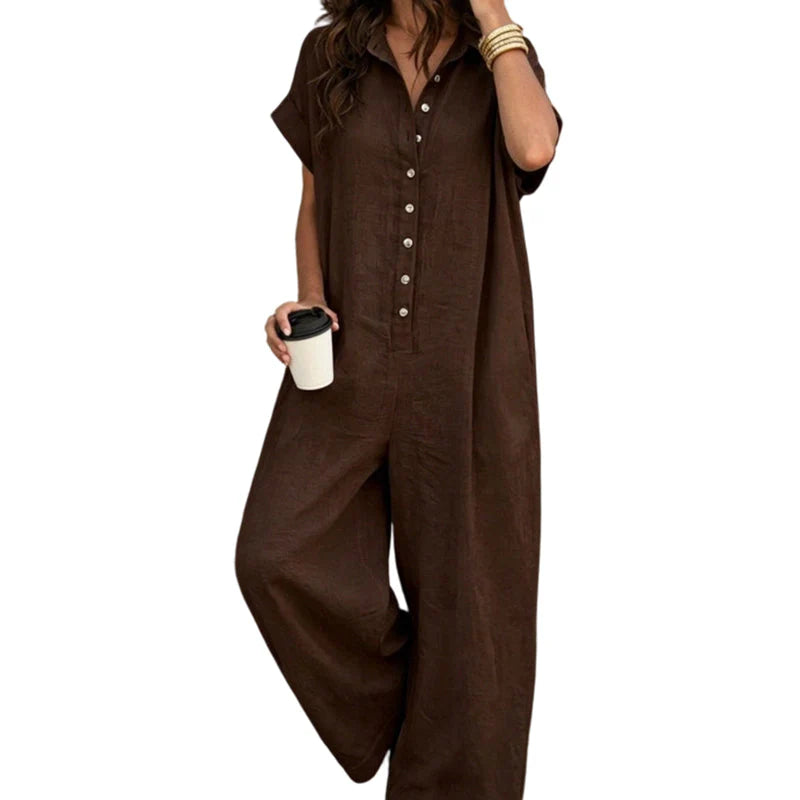 Women’s Relaxed Button-Front Wide-Leg Jumpsuit