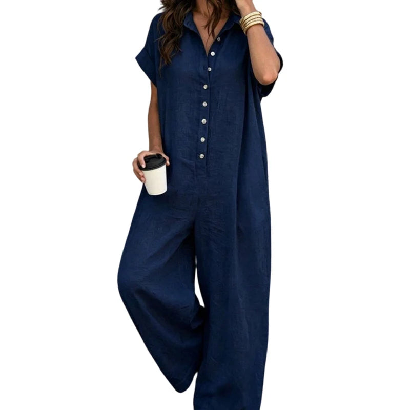 Women’s Relaxed Button-Front Wide-Leg Jumpsuit
