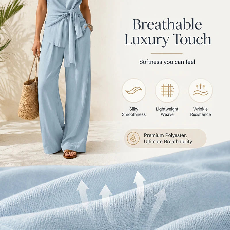 Women’s Waist-Tie Top and Wide-Leg Trousers Set