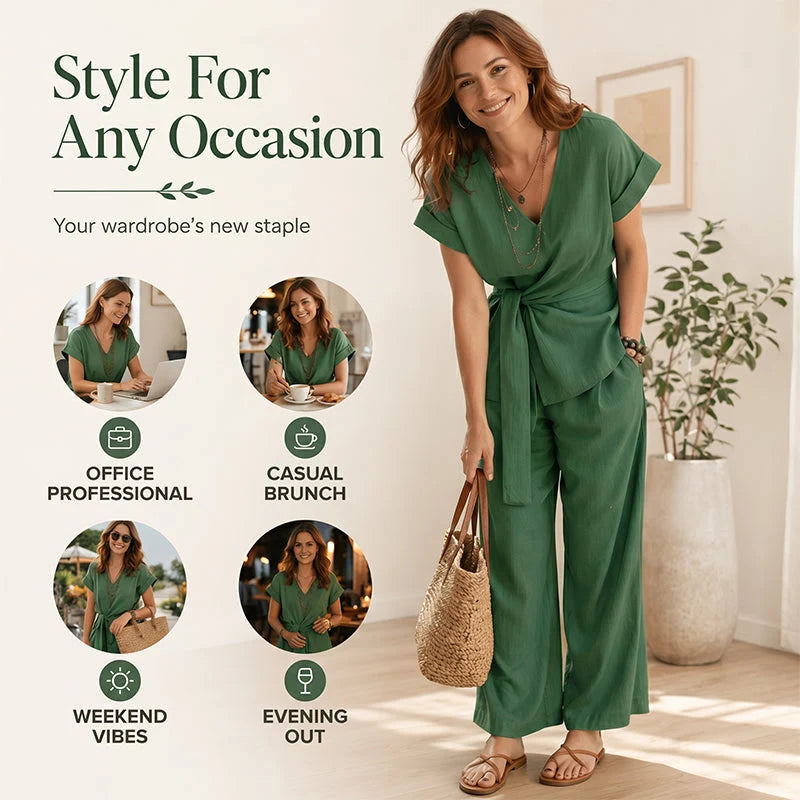 Women’s Waist-Tie Top and Wide-Leg Trousers Set