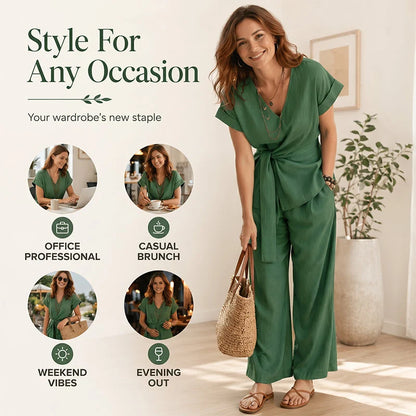 Women’s Waist-Tie Top and Wide-Leg Trousers Set