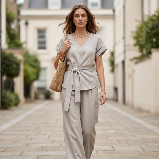 Women’s Waist-Tie Top and Wide-Leg Trousers Set