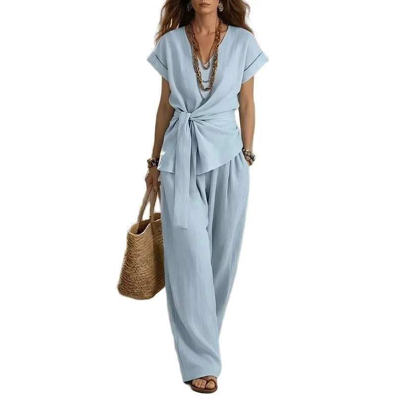 Women’s Waist-Tie Top and Wide-Leg Trousers Set