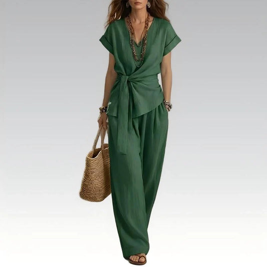 Women’s Waist-Tie Top and Wide-Leg Trousers Set