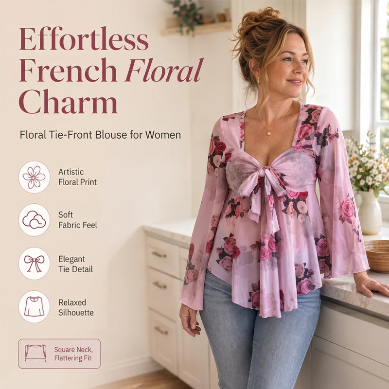 Women’s Floral Tie-Front Bell-Sleeve Blouse