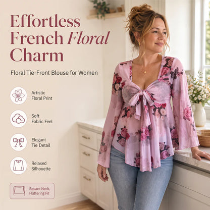 Women’s Floral Tie-Front Bell-Sleeve Blouse