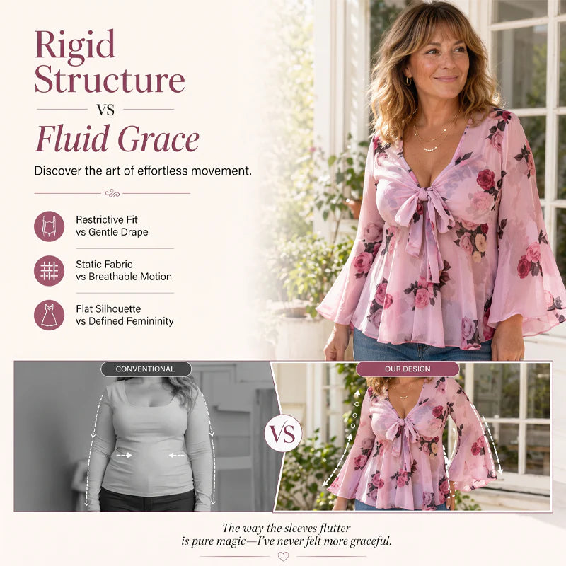 Women’s Floral Tie-Front Bell-Sleeve Blouse