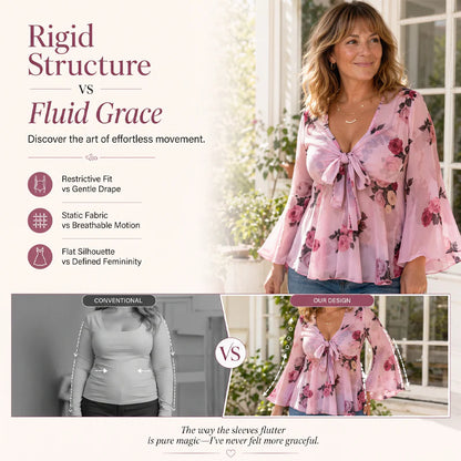 Women’s Floral Tie-Front Bell-Sleeve Blouse